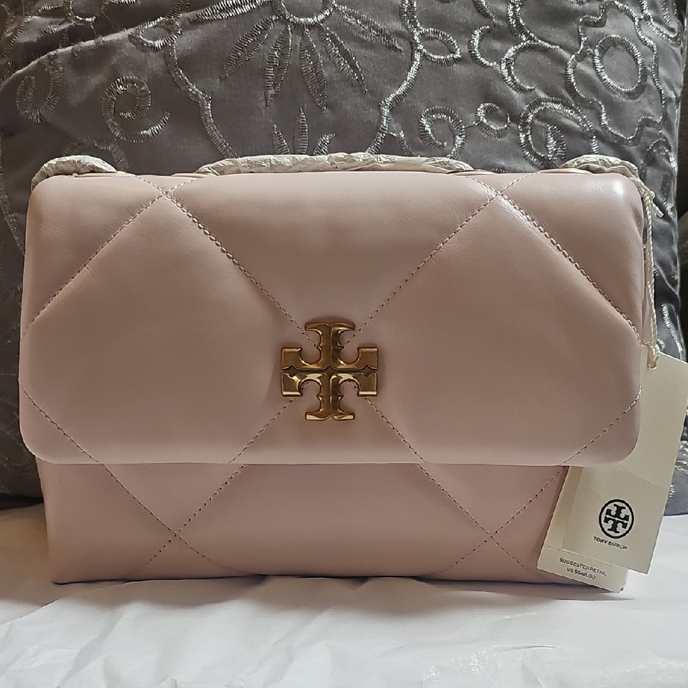 Tory Burch Kira Diamond Quilted Baby Pink Shoulder Bag with Gold Hardware